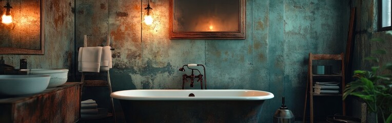 Wall Mural - A rustic bathroom featuring a vintage bathtub, warm lighting, and a cozy atmosphere.