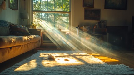 Poster - Warm sunlight pours into a bright, inviting living room, casting soft shadows on the plush carpet while illuminating the peaceful ambiance and furnishings in the cozy space during the afternoon.