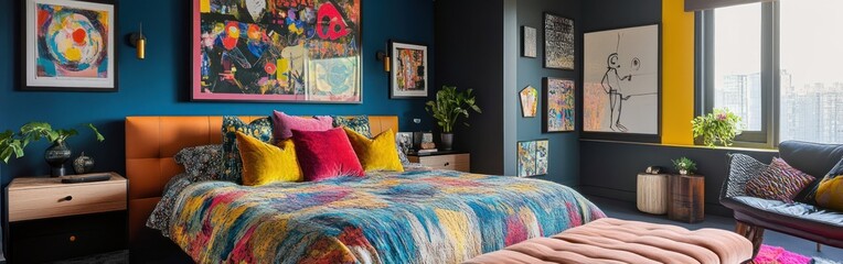 Poster - A vibrant bedroom featuring colorful decor, artwork, and plants for a lively atmosphere.