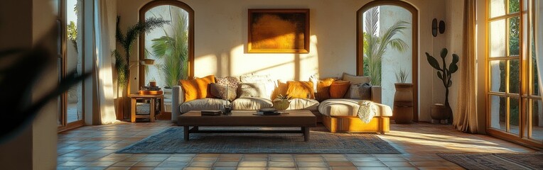 Poster - A cozy living room bathed in warm sunlight, featuring comfortable furniture and plants.