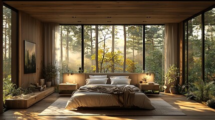 Render a modern bedroom with Scandinavian design, offering a peaceful forest view with towering pines