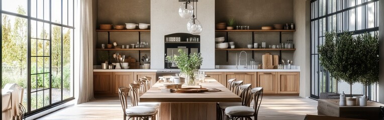 Wall Mural - A modern dining area featuring wooden furniture and large windows for natural light.