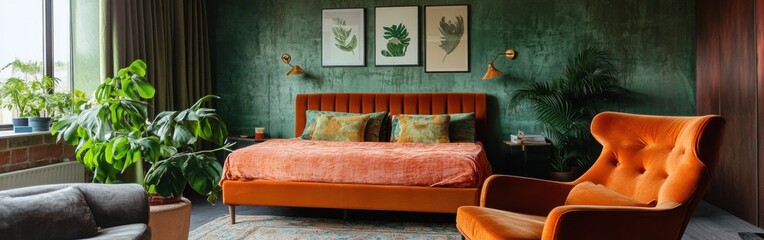 Wall Mural - Cozy bedroom with green walls, orange accents, and plants for a relaxing atmosphere.