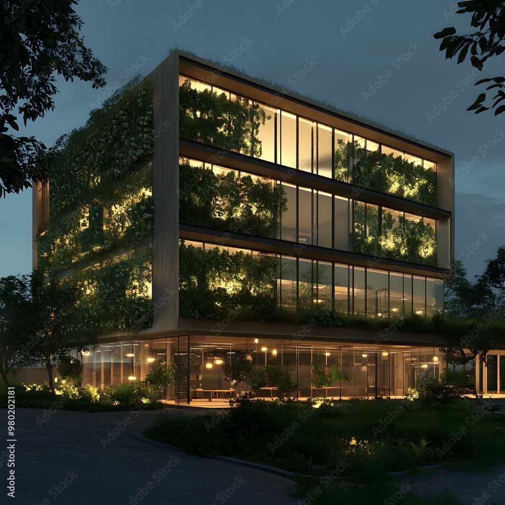 Complementary Building Energy-efficient lighting systems, flat design, front view, green ...