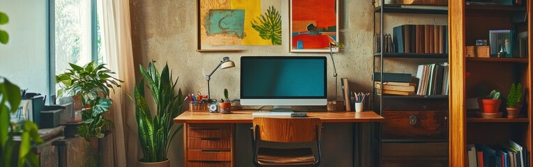 Canvas Print - A cozy workspace featuring a desk, computer, plants, and artwork.