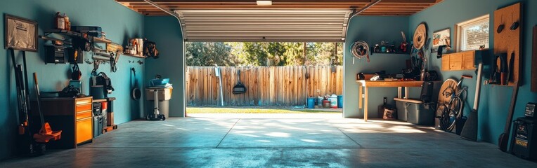 Poster - A spacious, organized garage with tools and equipment, leading to an outdoor view.