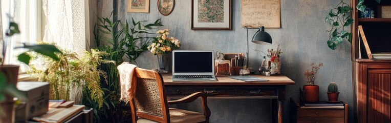 Poster - A cozy home office with plants, a laptop, and a warm atmosphere for productivity.