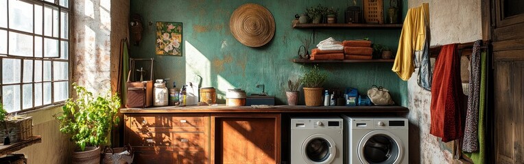 A cozy laundry room with plants, shelves, and a rustic aesthetic.