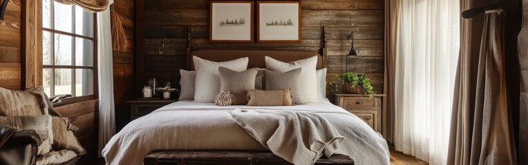 Wall Mural - Cozy bedroom with a rustic design featuring a large bed and natural light.