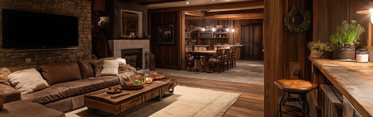 Sticker - Cozy wooden interior with a lounge area and dining space, perfect for gatherings.