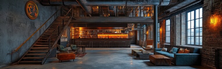 Wall Mural - A stylish, industrial-themed bar with a cozy seating area and warm lighting.