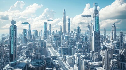 Futuristic Cityscape with Flying Vehicles