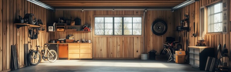 Poster - A spacious, organized garage featuring tools, bikes, and wooden walls for storage and activities.