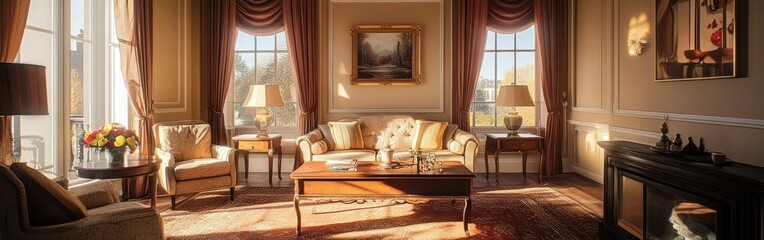 Canvas Print - Elegant living room with warm lighting, stylish furniture, and decorative elements.