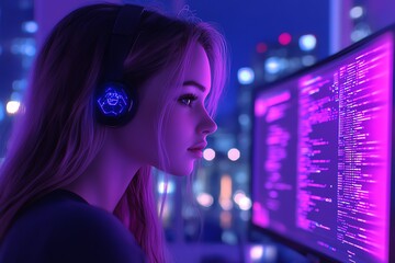 Poster - a woman with headphones looks intently at a computer screen showing lines of code in a colorful, neo