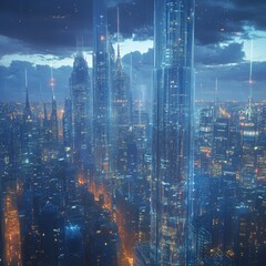 Futuristic Cityscape with Glowing Towers at Night