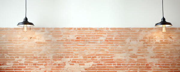 Red brick wall illuminated by vintage hanging lamps, blank space for text or design