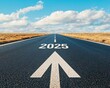 © Cherrin - A minimalist road scene, stark arrow on the asphalt, fading into the horizon with '2025' subtly integrated into the clouds, evoking the idea of an uncertain yet promising future