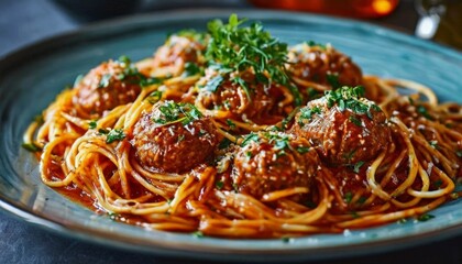 A classic Italian dish of spaghetti and meatballs served on a blue ceramic plate, topped with rich marinara sauce and garnished with freshly chopped herbs. The savory aroma and vibrant colors make