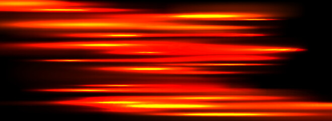 Poster - Neon glowing horizontal streaks background. Bright red speed light effect. Magic trail flare line texture. Luminous laser beams and rays wallpaper design. Sparkling hot orange stripe backdrop. Vector