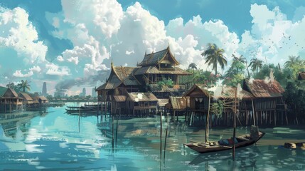 An illustrated traditional Thai fishing village with stilt houses above the water