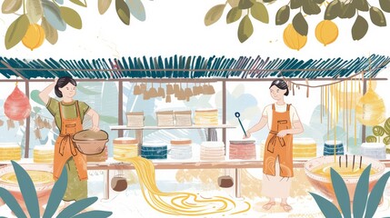 An illustrated scene of Thai artisans dyeing silk threads for traditional textiles