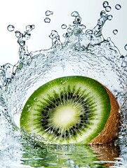 Wall Mural - A sliced kiwi fruit submerged in water with a splash.