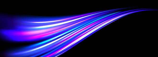 Poster - Glowing neon light trail background. Bright blue purple speed lines. Magic luminous curved road concept. Abstract bent dynamic moting stripes. Shiny streaks for poster, banner, flyer, brochure. Vector