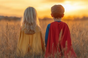 adventurous children in superhero costumes rural landscape dynamic action poses vibrant colors sunli