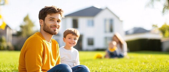 A man and a boy are sitting on the grass in front of a house