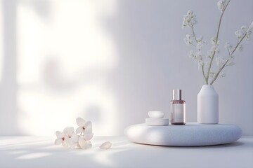 A white vase with a bottle of perfume and a white flower on a white stone