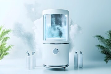 A white machine with a blue light and a cloud of steam coming out of it