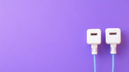 Two electric plugs with connection icon on purple background, technology concept, flat design illustration