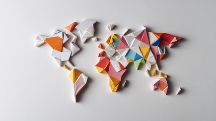world map composed of colorful geometric shapes on a white background