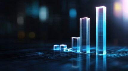 Poster - Bar graph with transparent bars, futuristic theme, dark blue background, 3D illustration