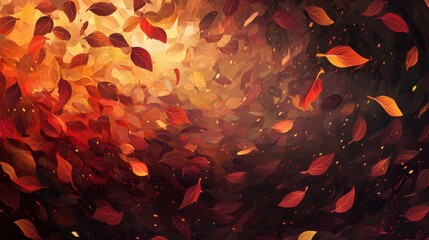 Aufkleber - A digital painting of falling leaves in shades of red, orange, and yellow against a dark background. There is a light source in the upper center of the image, creating a sense of depth and movement.