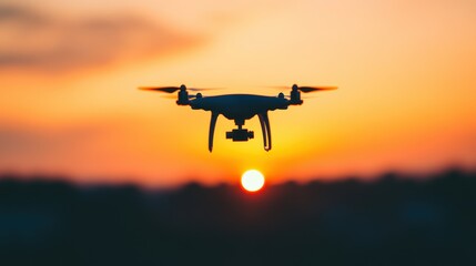 A drone hovers gracefully against a vibrant sunset, showcasing its flight abilities as the sun sets on the horizon