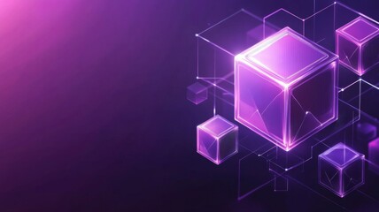 Abstract Geometric Background Featuring Hexagonal Blocks and a Purple Glowing Cube for Technology and Blockchain Concepts in Digital Advertising