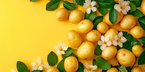 Poster - Fresh yellow potatoes are beautifully arranged on a vibrant yellow background. This image captures a summer feel with flowers and green leaves. Perfect for food-related designs and marketing. AI