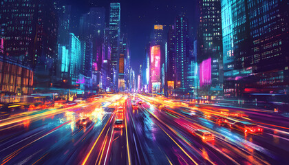 A bustling city at night, with skyscrapers illuminated and traffic creating streaks of light