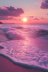 Sticker - Pink sunset over ocean waves crashing on sandy beach.