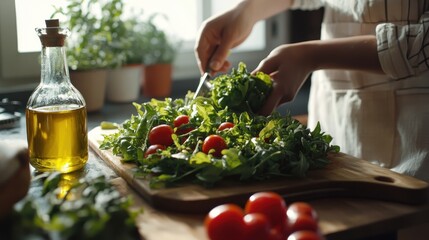 Preparing a Fresh Salad with Cherry Tomatoes and Arugula