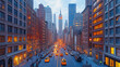 © CreativeIMGIdeas - A busy city street with many cars and people walking. The street is lit up with lights, creating a warm and inviting atmosphere