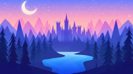 Sticker - A dreamy landscape featuring a foggy castle with towering spires, set by a serene river under a crescent moon.