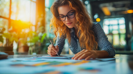 Poster - A woman with red hair is writing on a piece of paper. She is wearing glasses and has a serious expression on her face. Concept of focus and concentration as the woman works on her writing
