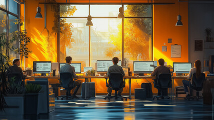 Poster - A group of people are sitting at their desks in a brightly lit room. The room is filled with various plants and potted plants, giving it a lively and welcoming atmosphere
