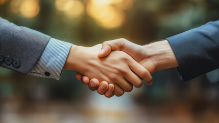 Poster - Two people shaking hands in a business setting. Concept of professionalism and trust between the two individuals