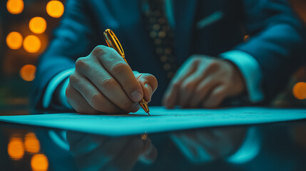 Poster - a man is writing with a gold pen on a piece of paper. concept of formality and importance, as the ma