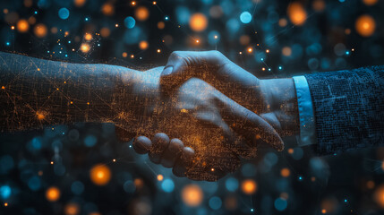 Poster - A handshake between two people is shown in a blurry, colorful image. Concept of connection and trust between the two individuals