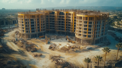 Poster - A large building is being constructed in a desert. The construction site is surrounded by a dirt road and palm trees